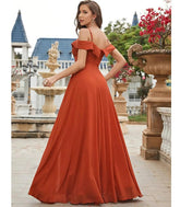 Vestido Longo Ombro a Ombro Madrinha Elegante Chiffon Terracota